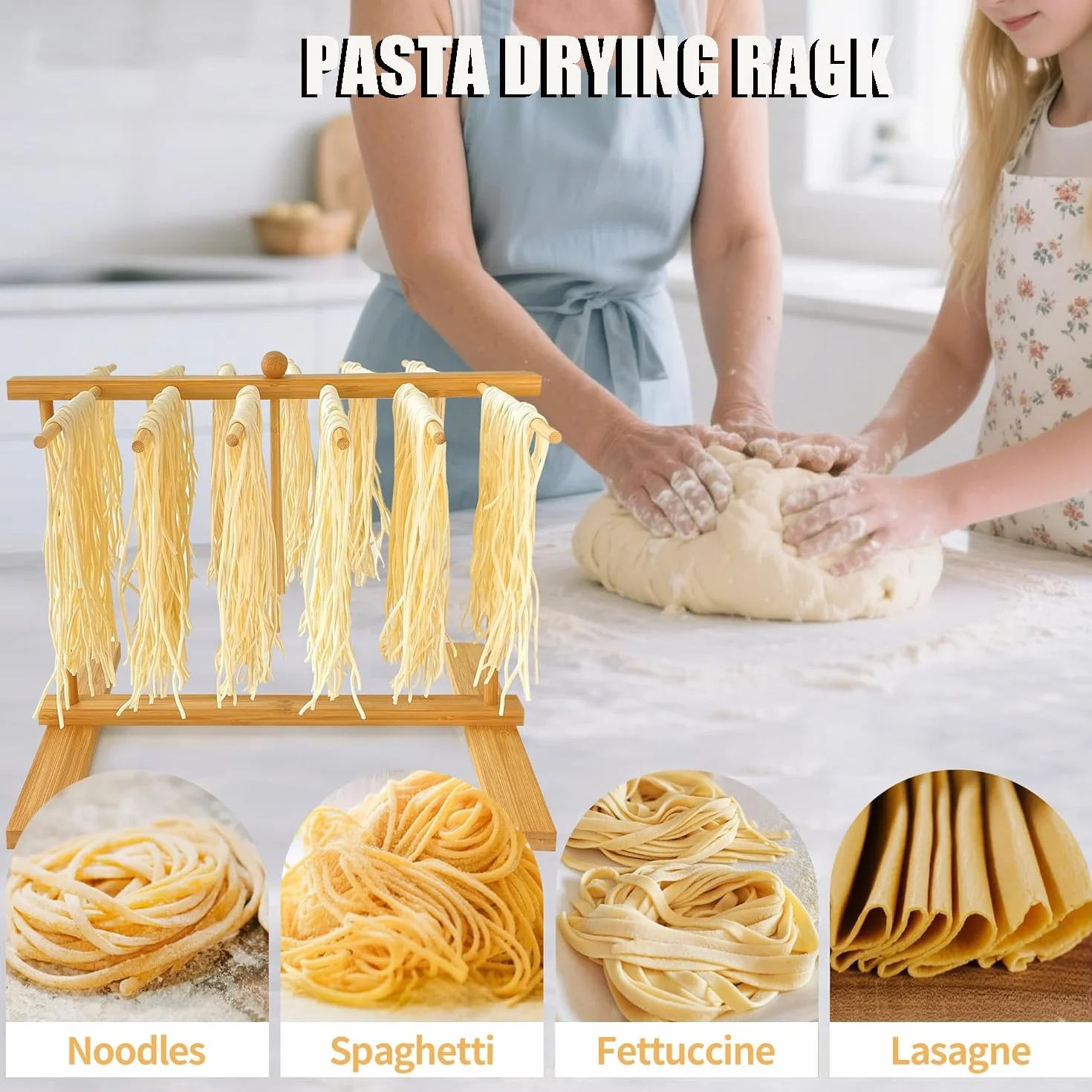 Secador De Pasta, Rejilla para Pasta, Secador Pasta Fresca,Rejilla para Secar Pasta Plegable con Varilla De Transferencia Y 12 Varillas,para Pasta Y Fideos