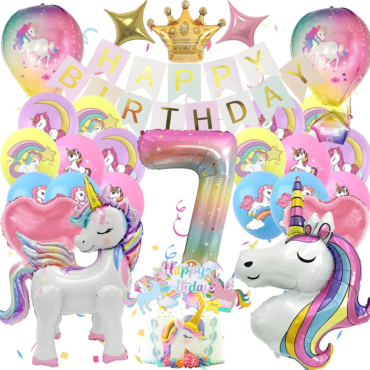 Decoracion Cumpleaños Unicornio Niña 7 Años, 3D Globo de Cumpleaños Unicornio Infantil Decoraciones Tartas y Bandera (Kit Unicornios para Niñas 7 Años)
