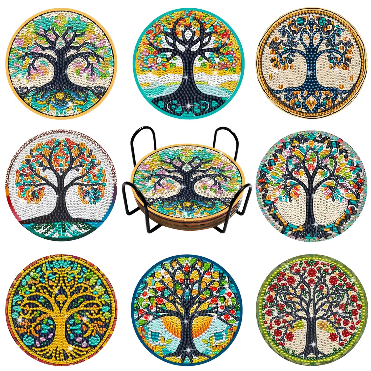 Posavasos de Arbol de la Vida Pintura de Diamantes,8 Piezas DIY Mandala Arte de Manualidades con Soporte,Posavasos para Bebidas,Café y Té de Bar,Kits de Principiantes Adultos Niños