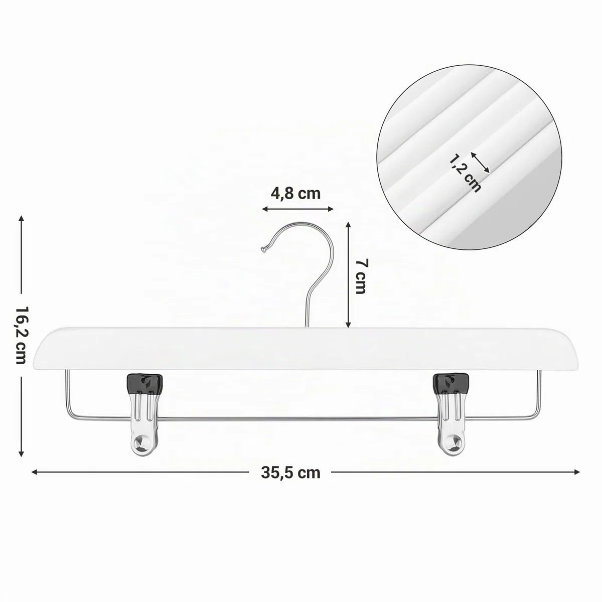 SONGMICS CRW008WT-8 - Juego de 8 Perchas Pinzas para Pantalones y Faldas, con Gancho Giratorio y Pinzas Ajustables, Longitud de 35,5 cm, Color Blanco