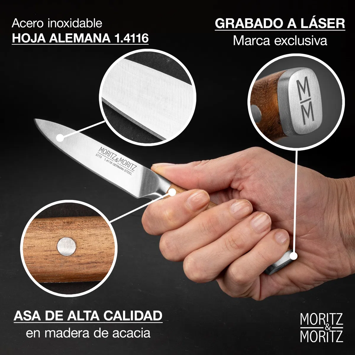 Moritz Cuchillo 9 cm para cortes precisos de verduras y frutas - mango ergonómico de acacia - multiusos de acero alemán