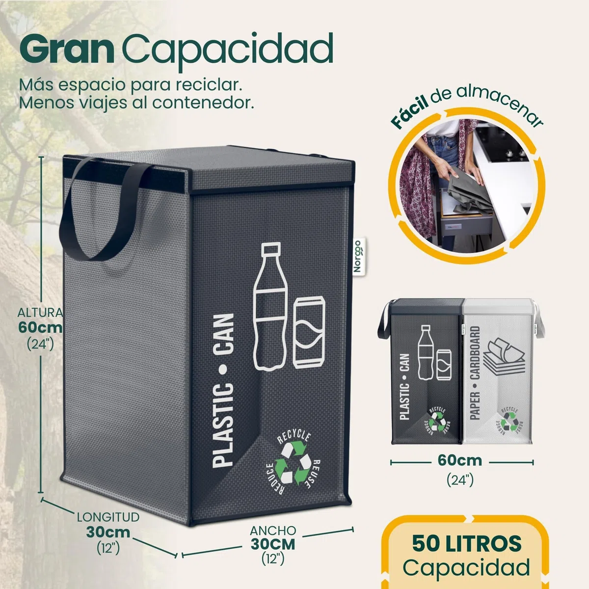 Cubos de basura de reciclaje - Set de 2 x 50L para plástico y papel - Cubo basura reciclaje duradero - Bolsas reciclaje basura colores - Papelera Reciclaje 2 Compartimentos