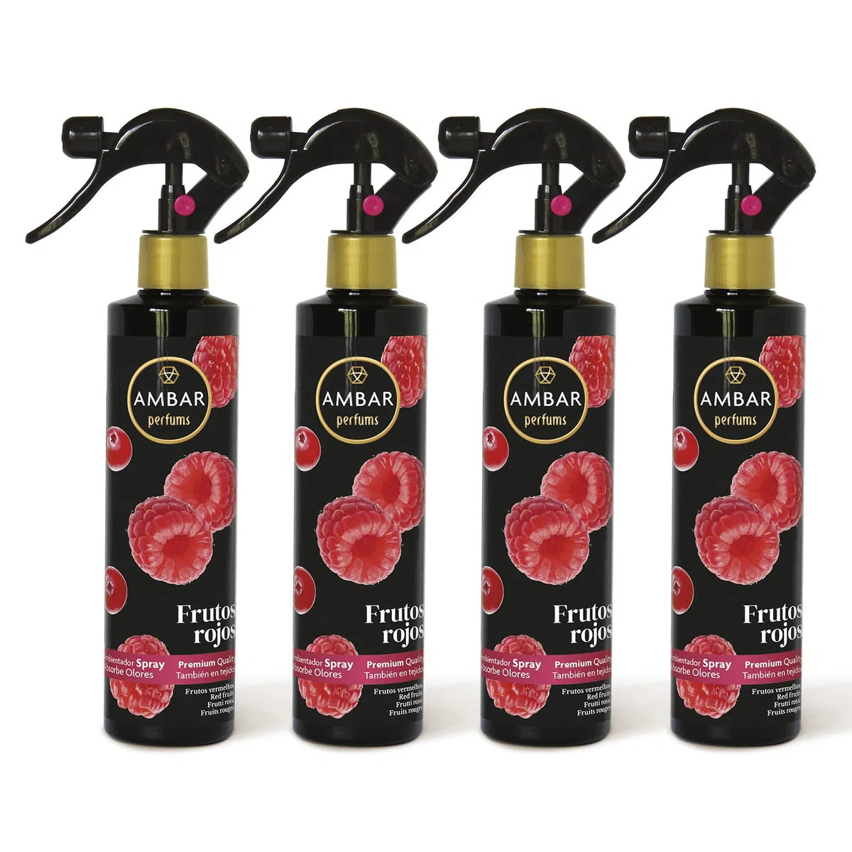 Ambar Perfums - Ambientador Spray Absorbe Olores Frutos Rojos Especial Tejidos, ¡No mancha! Pack de 4 uds de 280 ml.