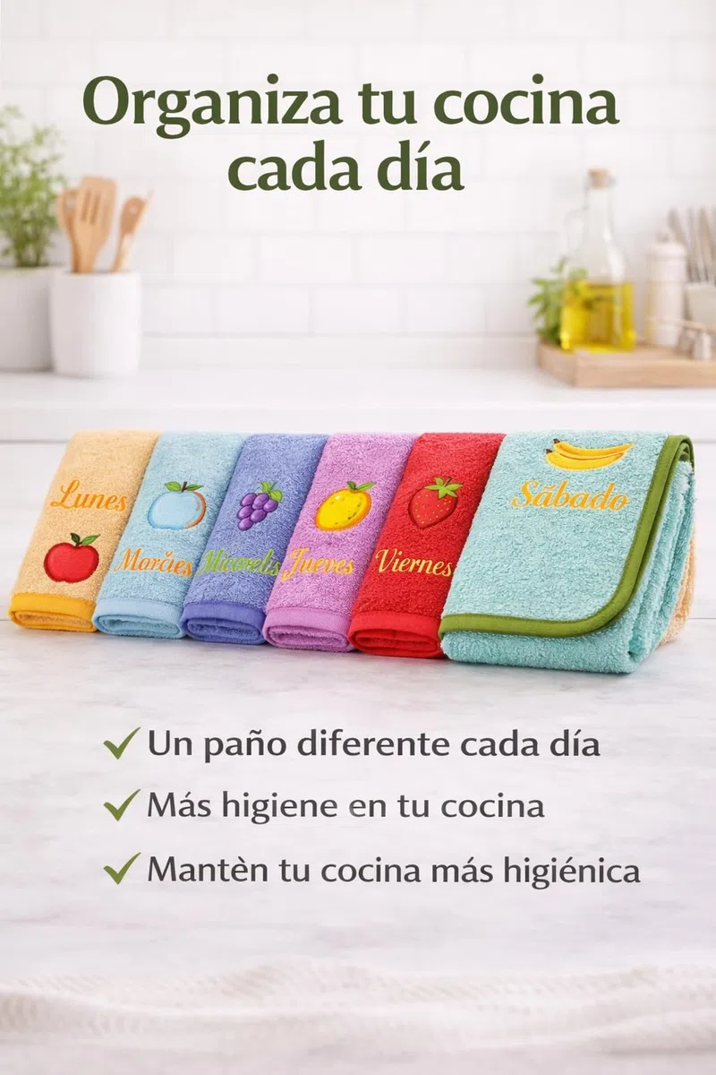 Genérico Paños de Cocina 100% Algodón (6 Unidades, 50×50 cm) – Bordados con Días de la Semana – Paños Absorbentes y Duraderos para Hogar y Cocina