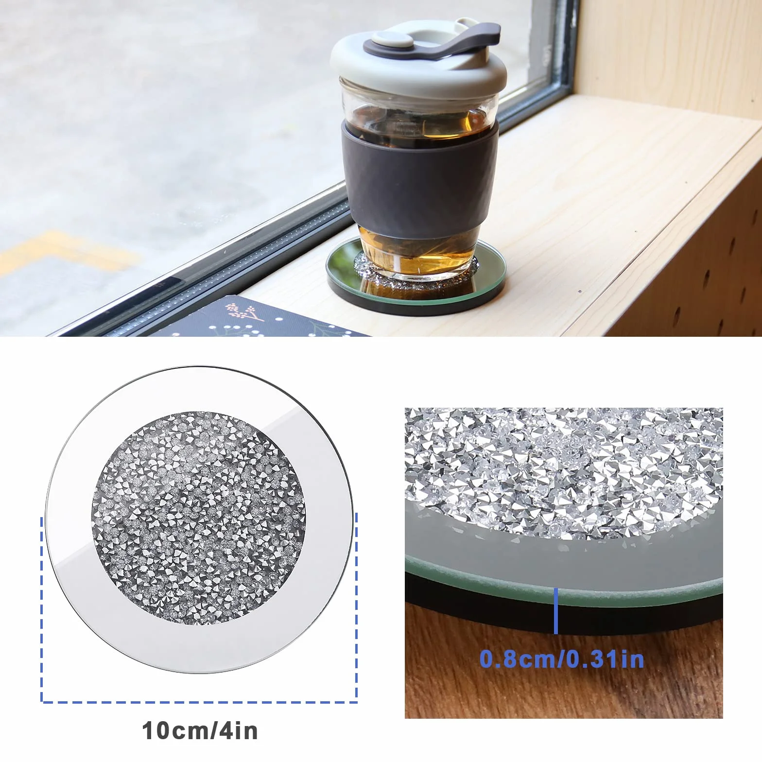 Posavasos Vidrio con Espejo Redondos 4 Pulgadas Antideslizante para Tazas Café Decoración Hogar