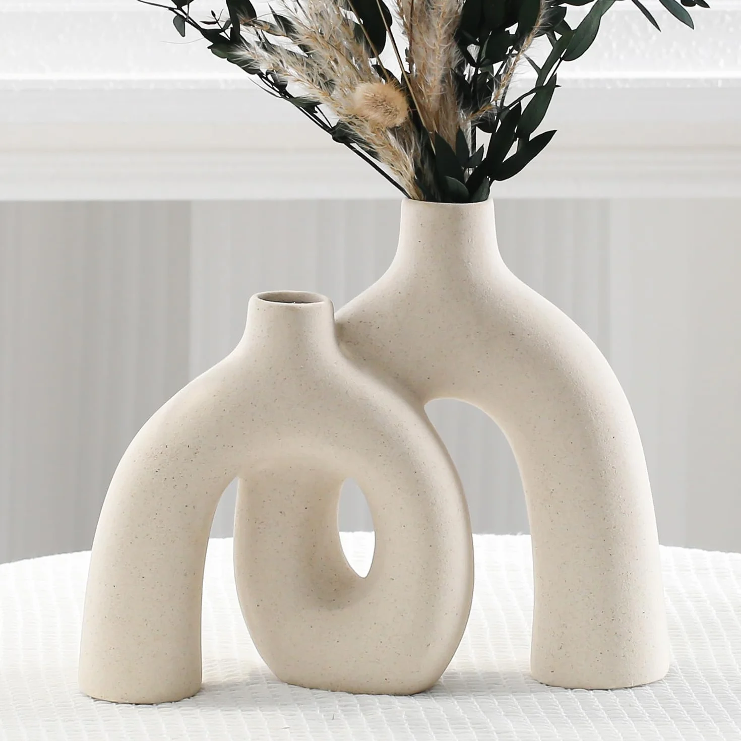 Jarron de Cerámica, Estilo Boho Nórdico Moderno Decorativo Jarron de Flores Estético Cerámico para Decoración del Hogar (Beige)
