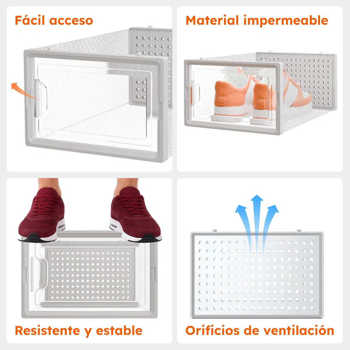 Cajas de Zapatos Transparentes Apilables – Pack 8 - Zapatero Plástico con Apertura Frontal, Ventilación y Sistema Antivuelco – Organizador de Zapatos de Fácil Montaje