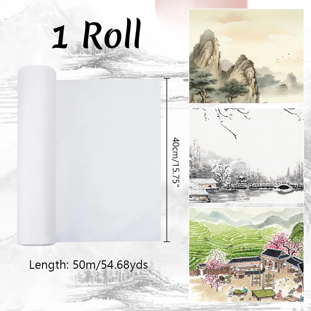 NBEADS Papel Xuan de Caligrafía China, Papel de Arroz Grueso, Papel de Caligrafía Sumi Sin Rejillas Rollo de Papel Xuan para Pintar Pincel de Caligrafía Escritura de Tinta, 50mx40cm
