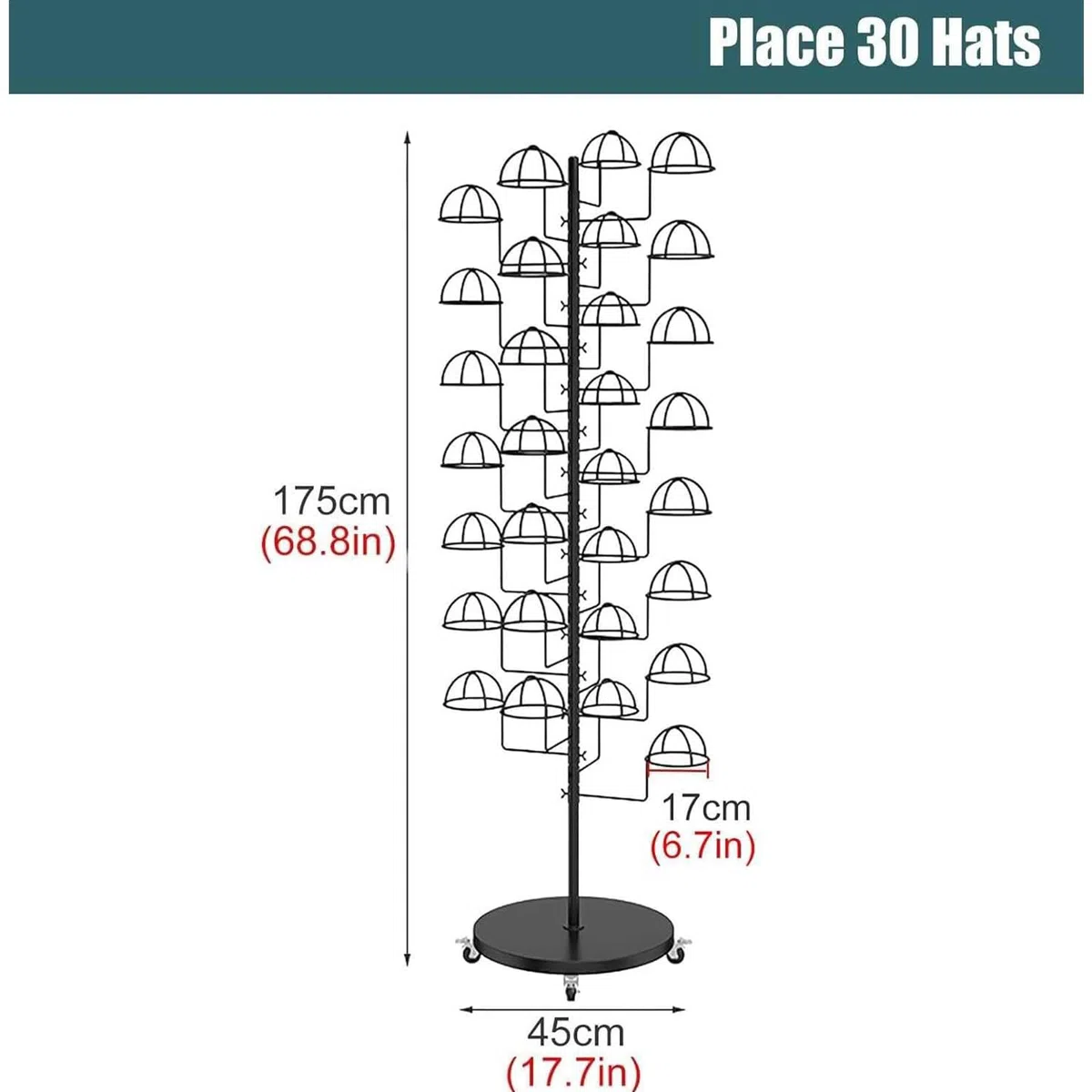 Soporte de exhibición de Sombreros de Varias Capas con Ruedas, Estante Organizador para Pelucas y Sombreros, Estante Que Ahorra Espacio para Uso Comercial, domé,Black-Place 30 Hats