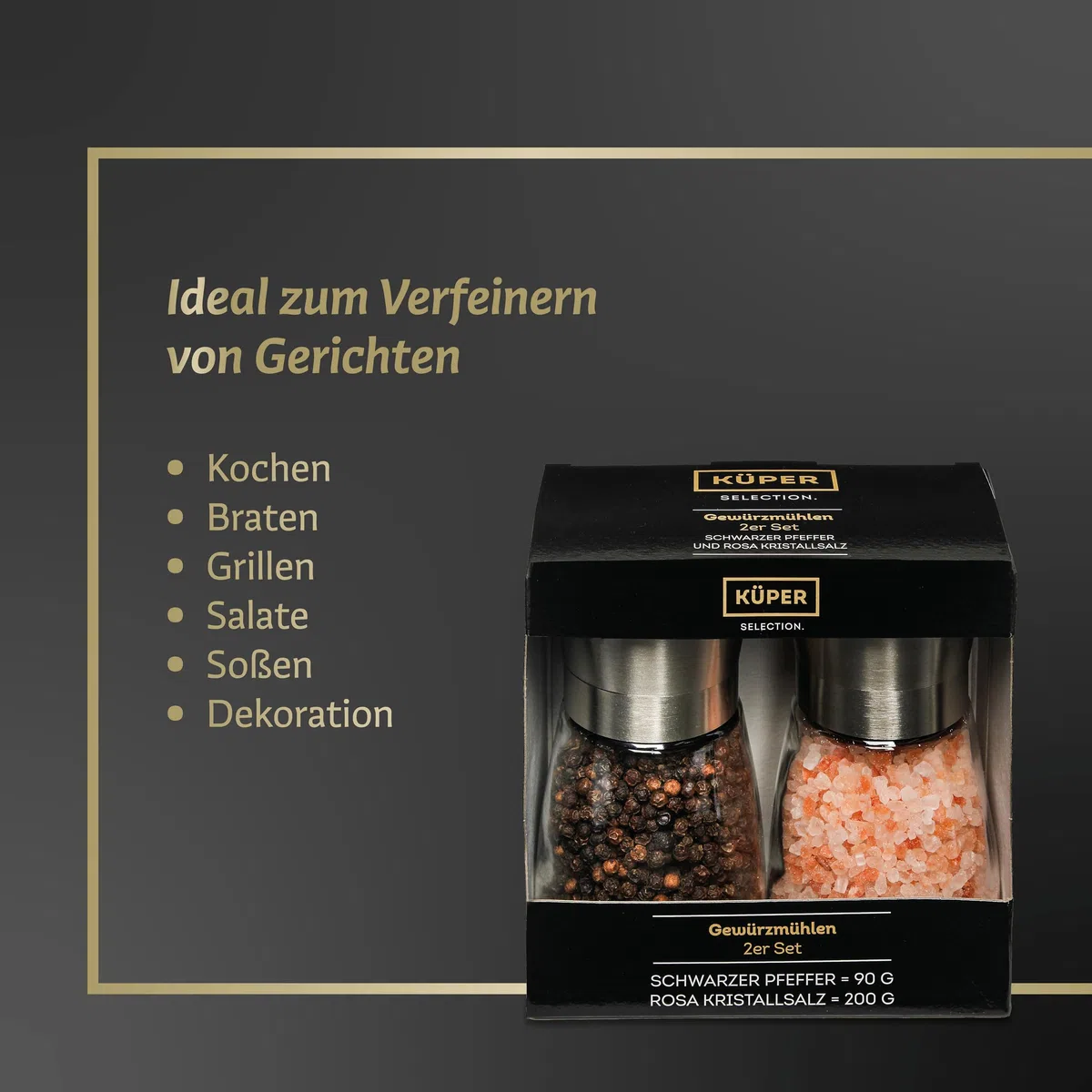 Küper Selection - Juego de 2 molinillos de especias - con pimienta negra y sal de cristal rosa - Molinillo de sal y pimienta - Juego de 2 especias - 90 g de pimienta - 200 g de sal