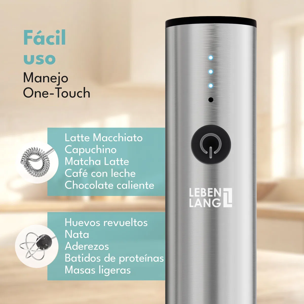 LEBENLANG Espumador de leche electrico recargable - Conexión USB & batidor extra I Milk frother Mini batidora te matcha Barillas batir electrica Agitador de cafe eléctrico Batedor de leite elétrico