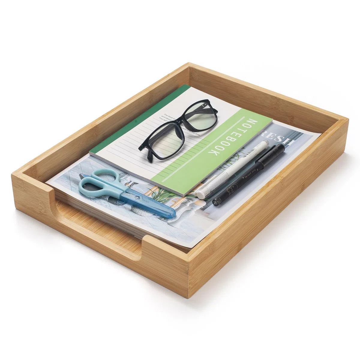 Bandeja de madera para cartas, bandeja de escritorio de bambú, organizador de escritorio de madera para papeles, documentos, revistas, archivos