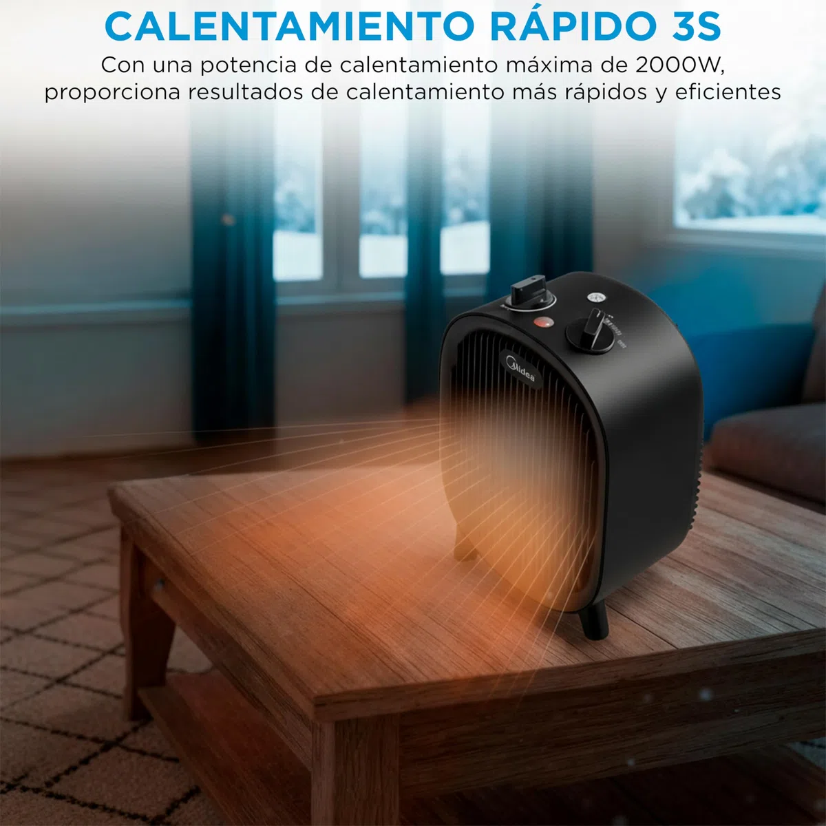 MIDEA Calefactor Baño Bajo Consumo 2000W | Calefactor Eléctrico con Función Aire Frío y 2 Niveles de Potencia | Calentador Portatil con Termostato Regulable y Protección Sobrecalentamiento, Negro