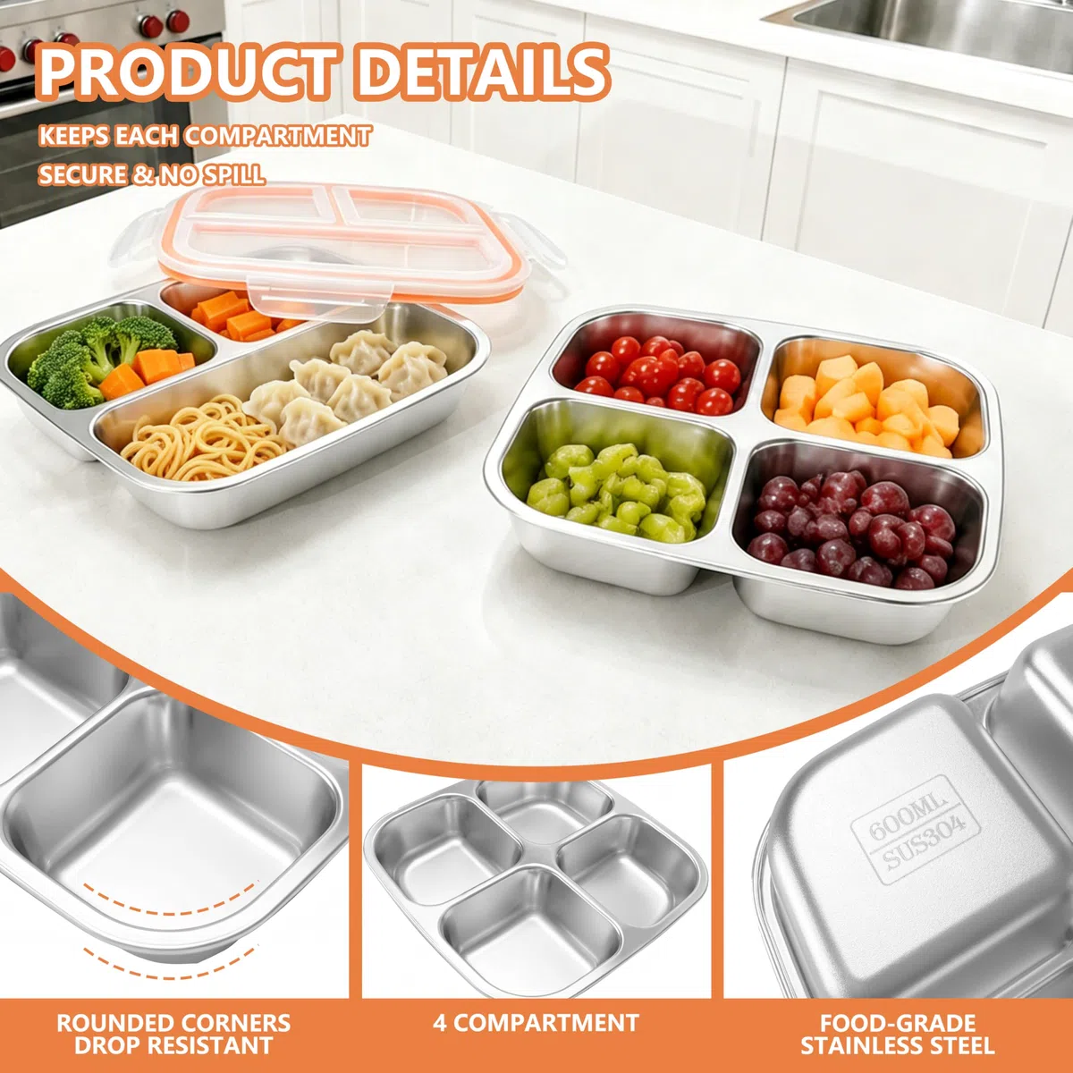 2 Cajas de Aperitivos de Acero Inoxidable con 3 y 4 Compartimentos, A Prueba de Fugas, 600 Ml, con Compartimentos, Cajas de Aperitivos de Acero Inoxidable 304, Reutilizables para Escuela