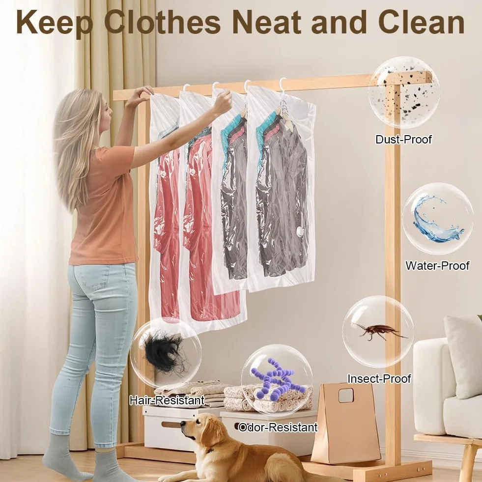 flintronic 4pc Bolsas al Vacio Ropa, Bolsas Colgantes de Almacenamiento al Vacío, Bolsas de Vacio Reutilizable, con Bomba EléCtrica, para Ropa Trajes Abrigos Chaquetas Vestidos