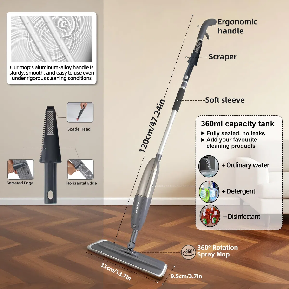 Mopa con Pulverizador, Mopa Fregona con Pulverizador, Mopas de Limpieza Suelos Spray Mop Microfibra Mopa Spray con 3 Microfibra Almohadilla Reutilizable y 360ml Botella para una Limpieza Rápida