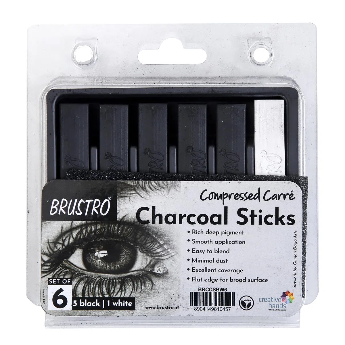 BRUSTRO Palos de carbón comprimido para artista, juego de 6 (5 negros y 1 blanco), ideal para retratos de carbón, dibujo, manualidades, uso profesional.