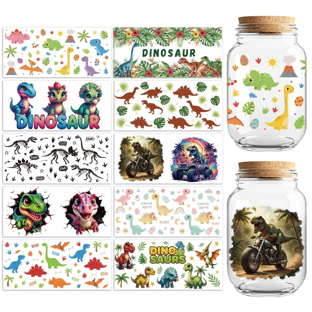 Peacoblue Calcomanías de transferencia UV DTF con patrón de dinosaurios, 10 hojas de calcomanías de transferencia de vinilo personalizadas impermeables de 16 onzas para taza de café, vaso, botella