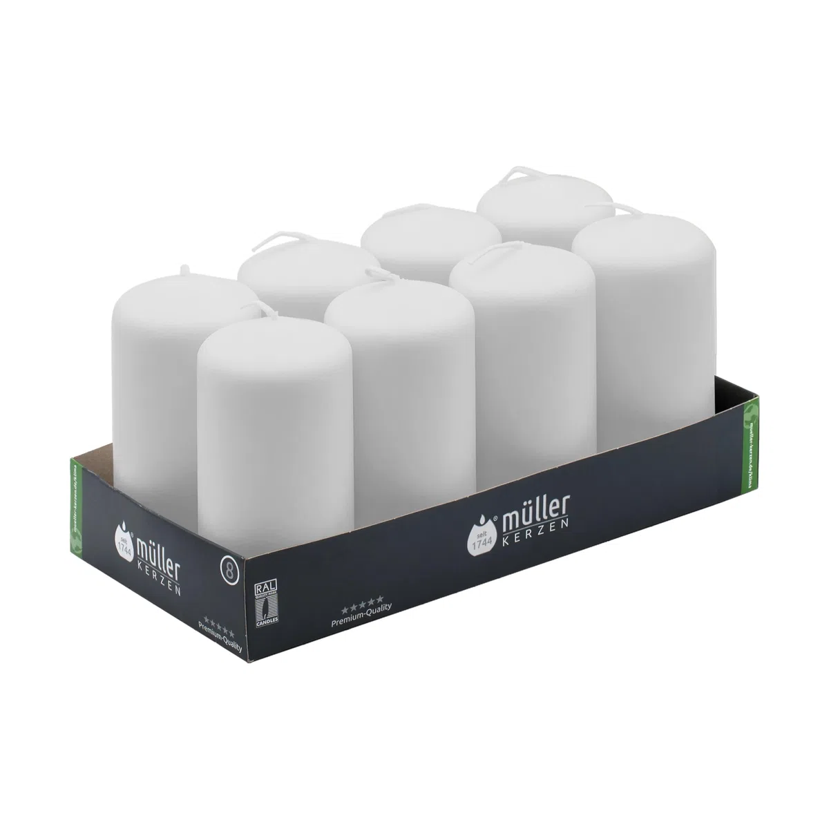 Müller - Velas Pilar Blancas - Juego de 8 Velas Gruesas - 6 x 12 cm - larga duración de 32 horas - Cero antigoteo - Inodoro - Calidad RAL