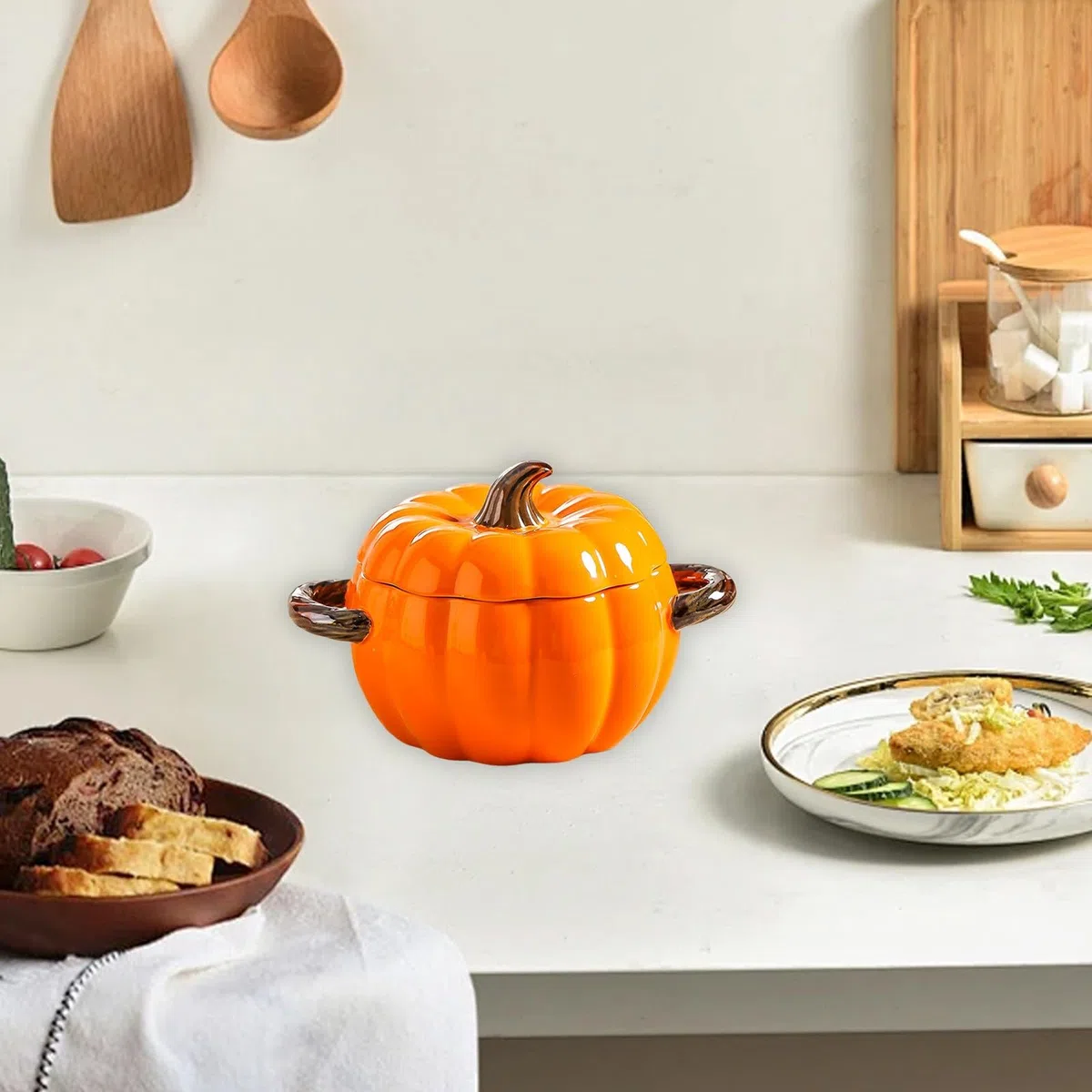 Olla de cerámica de calabaza, lindo cuenco de calabaza de cerámica,Cacerola de calabaza de cerámica antiadherente con tapa, vajilla de calabaza de porcelana para cocina, vajilla de agradecimiento de