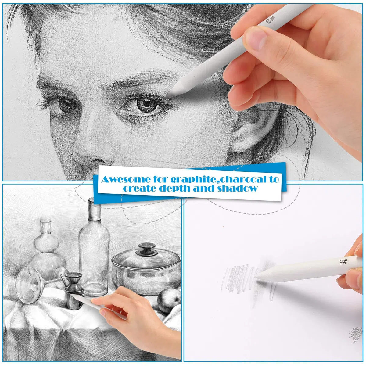 Kit de 22 Piezas de Dibujo para Bocetos, AGPtEK 16 Difuminadores con 2 Afiladores de Lija, 1 Herramienta de Extensión, 2 Gomas de Borrar y 1 Estuche de Fieltro para Dibujar, Estudiantes y Artistas