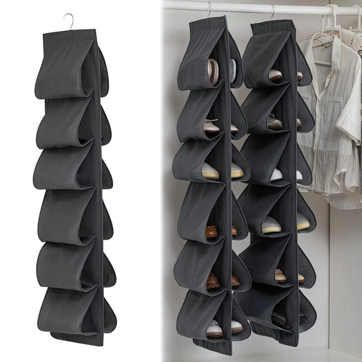 Organizador para Zapatos para Colgar, con 24 Bolsillos Profundos, Zapatero Ahorra Espacio, 2 con Gancho, Organizador para Colgar en la Puerta para Acampar, Armario, Dormitorio y Autocaravana