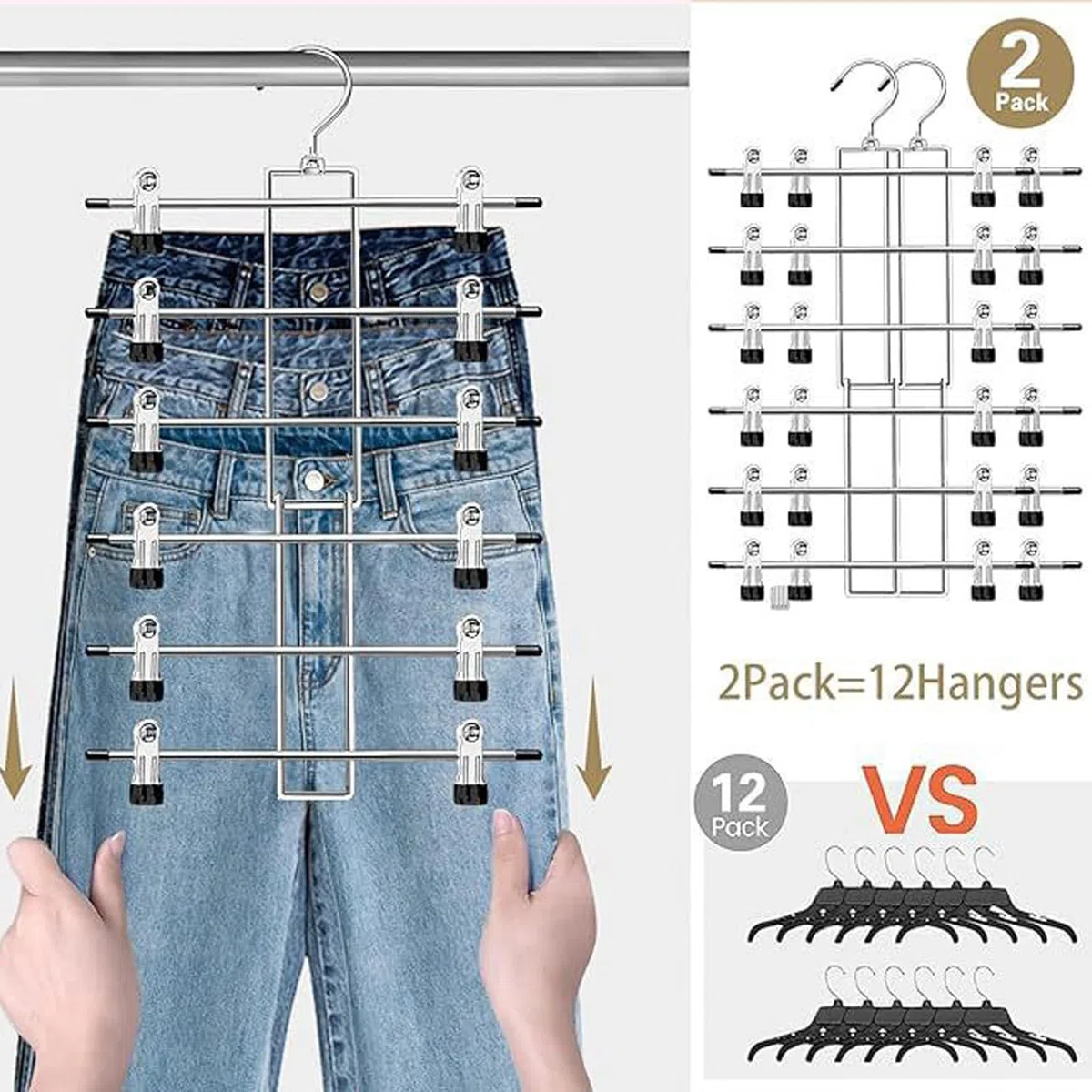 Perchas para pantalones que ahorran espacio, 2 unidades de acero inoxidable, resistentes y plegables, con pinzas ajustables, gancho giratorio de 360°, antideslizante, organizador de armario