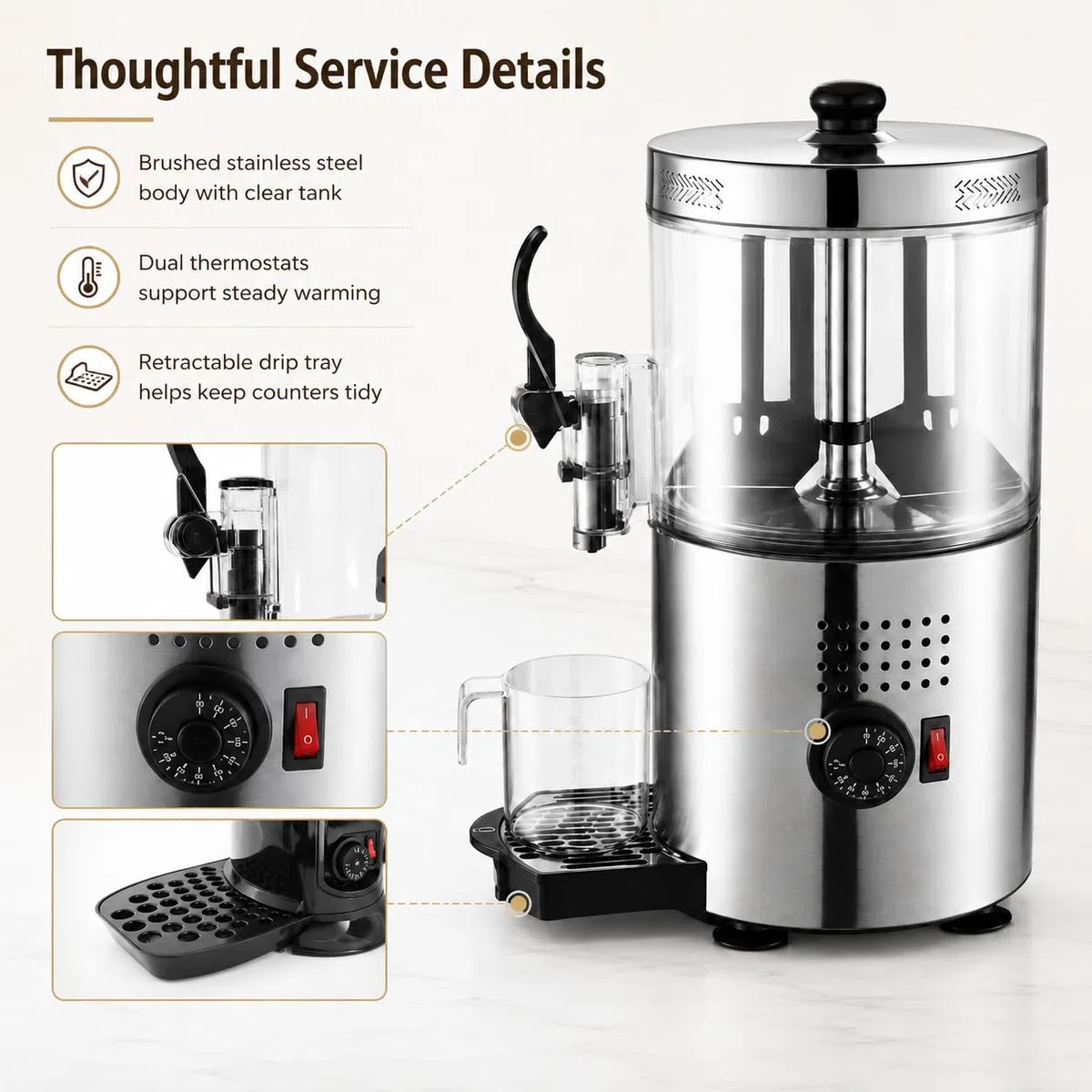 Dispensador Comercial de Chocolate Caliente, Duales Termostatos, Paletas