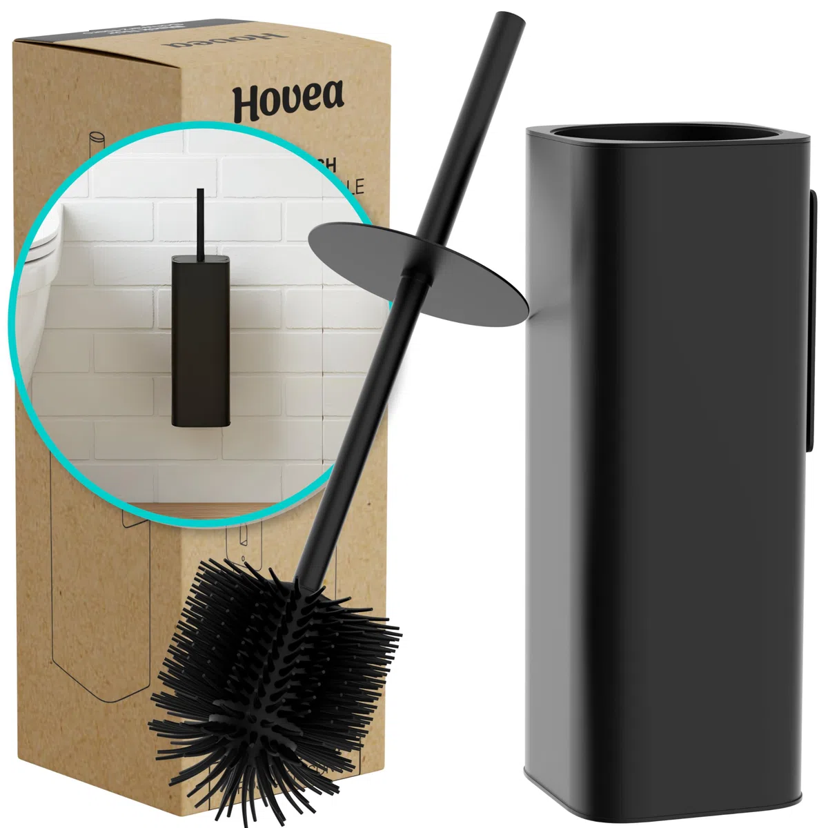 Escobilla WC de Pared - Escobilla Silicona y Soporte Metálico - Sin Taladro - Fijación Mural con Adhesivo o Tornillos - Cepillo de Baño - Negro Mate - WC3680
