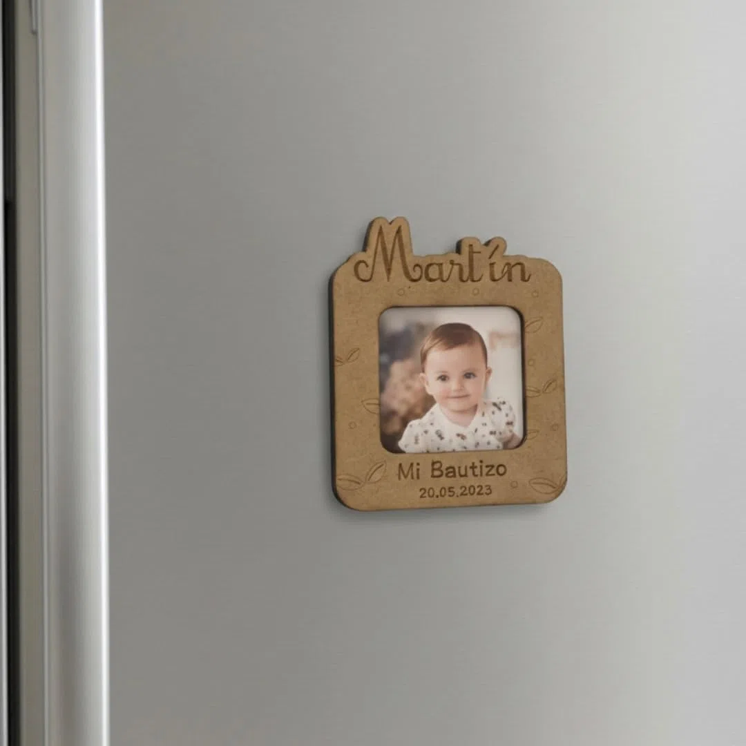 Genérico Lote 5 unidades. Marco de Fotos Personalizado con imán, personalizado para Bautizo, Comunión, Cumpleaños, Boda | Portafotos Imán de Madera con diseño personalizado, regalos para invitados