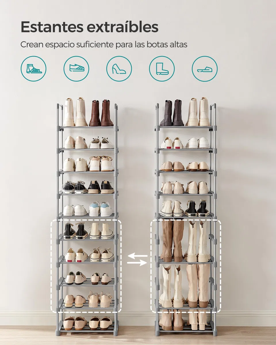 SONGMICS Zapatero, 10 Niveles, Zapatero Estrecho, Organizador de Zapatos de Metal, Pasillo, Salón, Armario, Ahorra Espacio, Apilable, para 10-20 Pares, 30 x 45 x 174 cm, Gris LSA025G02