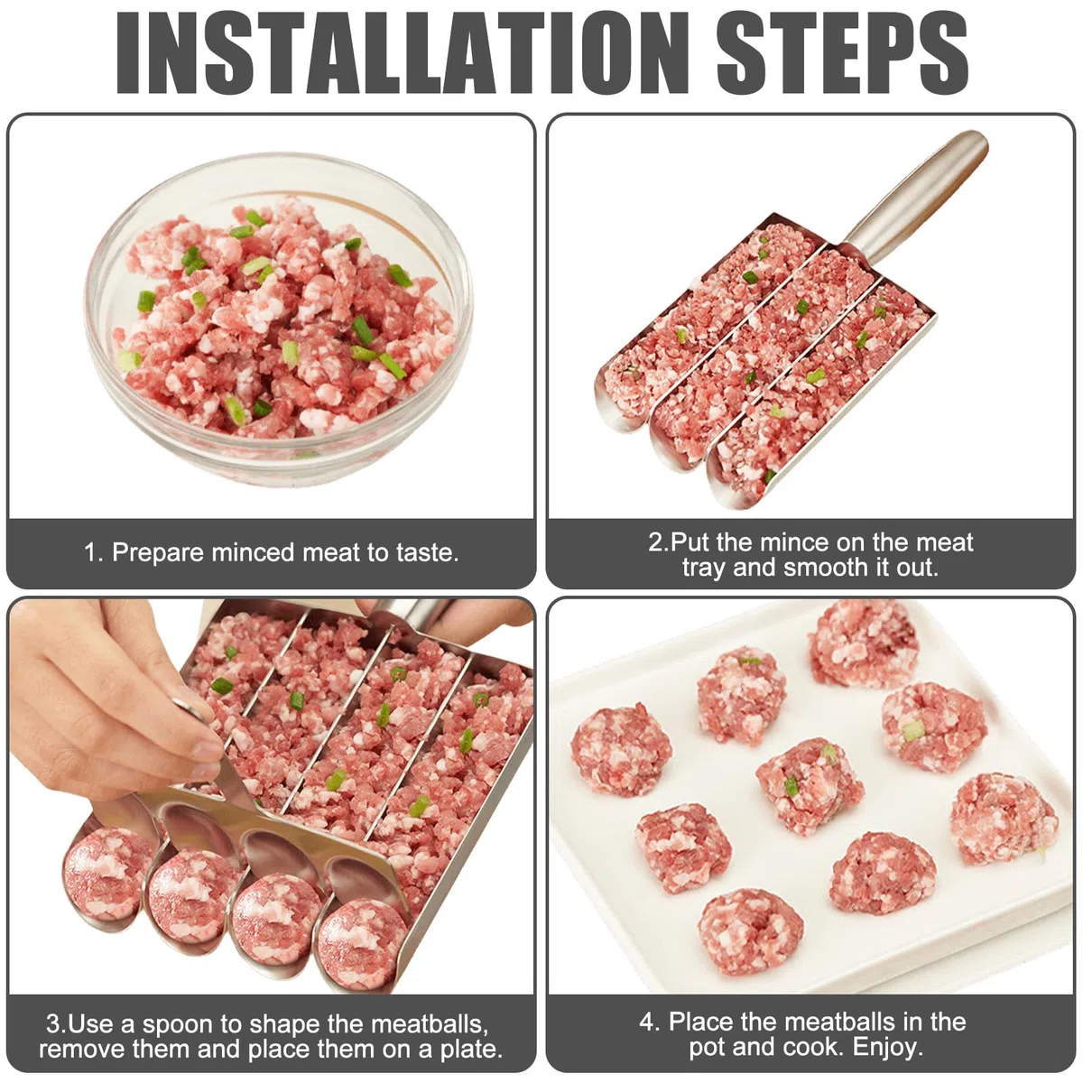 Fabricante de albóndigas con pala de corte, cocina 4 tubos Meatball Maker Acero inoxidable Manual albóndigas Manuales Herramientas de cocina para Cooping Rápido Albóndigas Bolas de pescado (4 tubos)