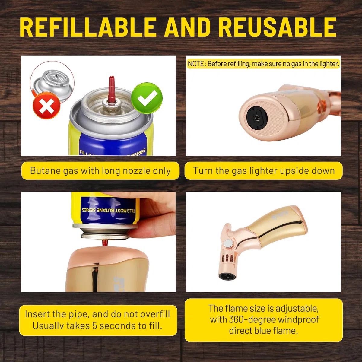 Soplete de Butano, Mini Soplete de Cocina de 4 Llamas Grandes Premium, Recargable y Ajustable, Multifuncional para Cocina, Crème Brûlée, Repostería, Barbacoa y Soldadura (Gas Butano No Incluido)