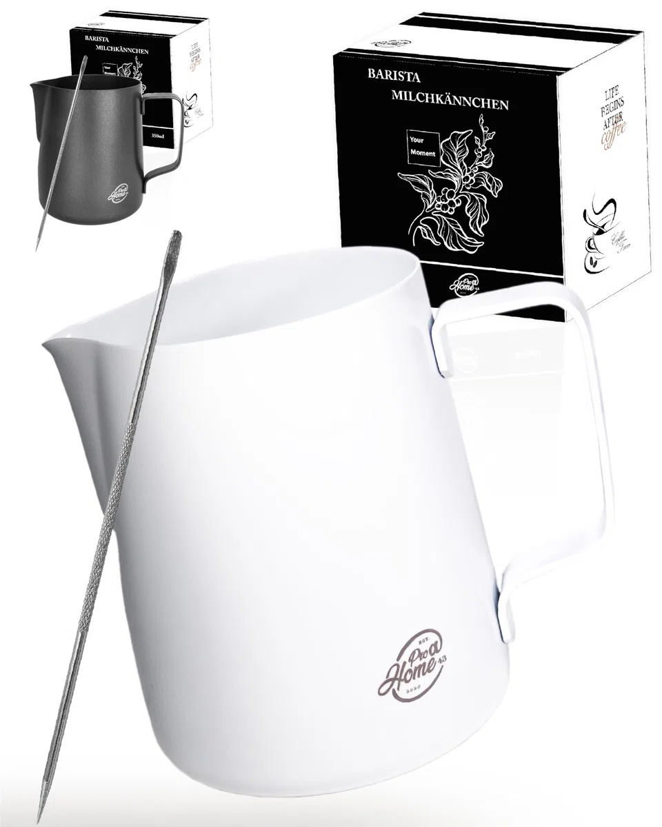 Jarra leche barista de acero inoxidable blanca 600ml (también en 350ml) con lápiz de latte art/Jarra para espumar leche en caja de regalo