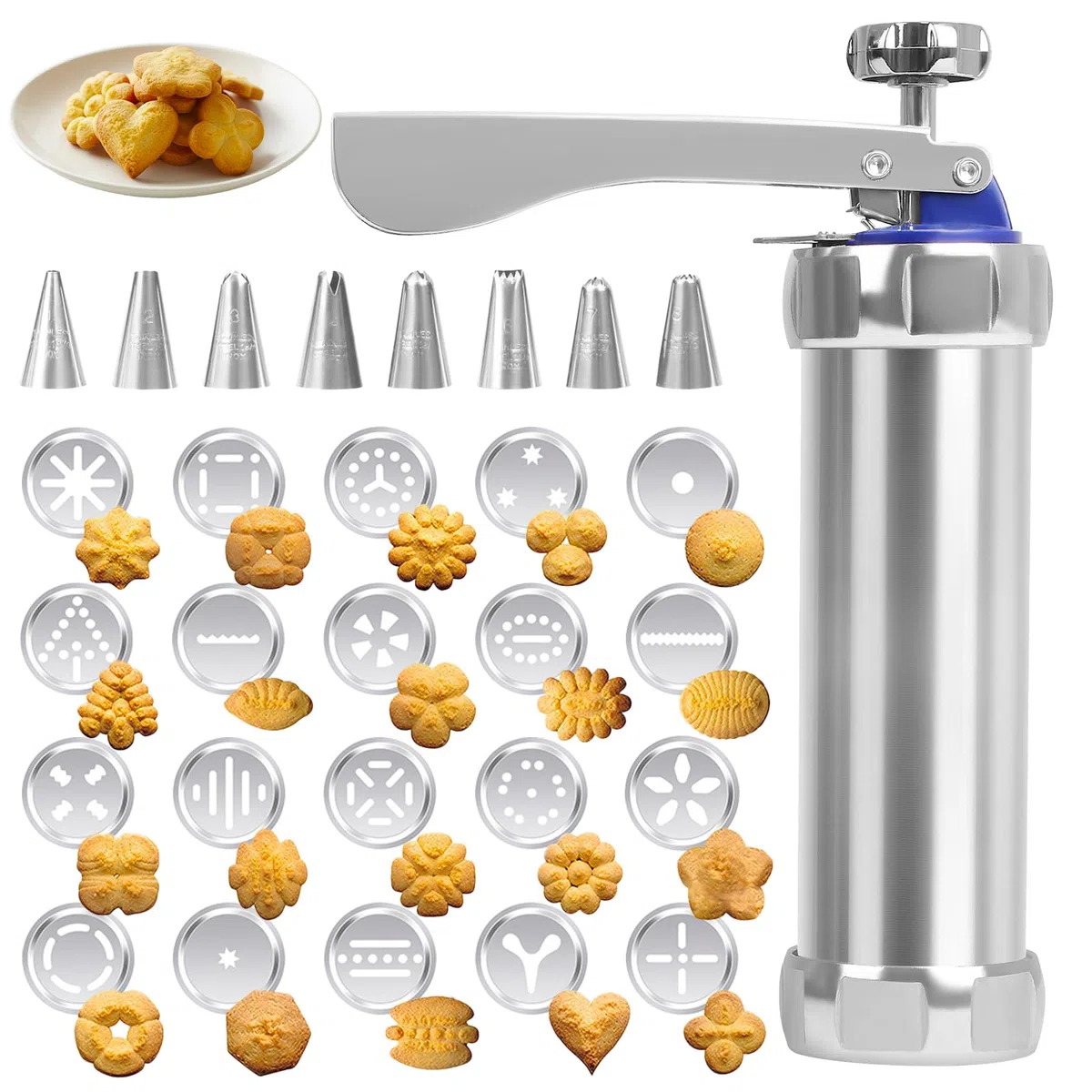 Churreras para Churros y Porras, Churrro Gun Kit con 20 Moldes de Disco y 8 Boquillas Prensa, Prensa Pastelera de Acero Inoxidable, Biscuit Maker, para DIY Elaboración de Galletas de Pasteles
