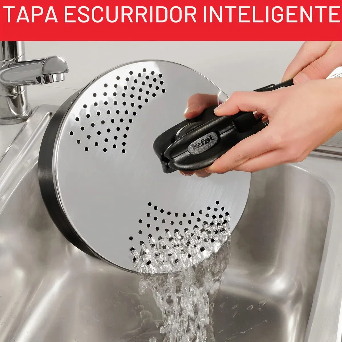 Tefal Ingenio - Tapa escurridor, acero inoxidable, fácil almacenamiento, multidiámetro, compatible con Ingenio, apto para lavavajillas L9829402, acero inoxidable y negro, tapa escurridor, 14-20 cm