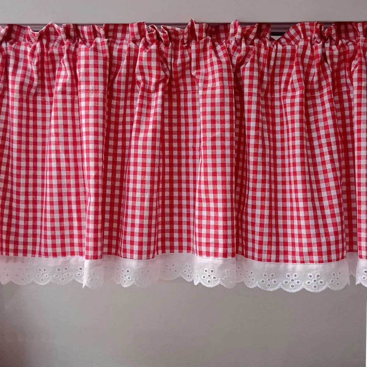 A.Monamour Cortina Cocina Ventana Puerta Corta Pequeña Algodón Granja Rústico Blanco Rojo Cuadros Blanco Encaje Bolsillo para Varilla Panel Cenefa Bistro para Dormitorio Café Baño Habitación Terraza