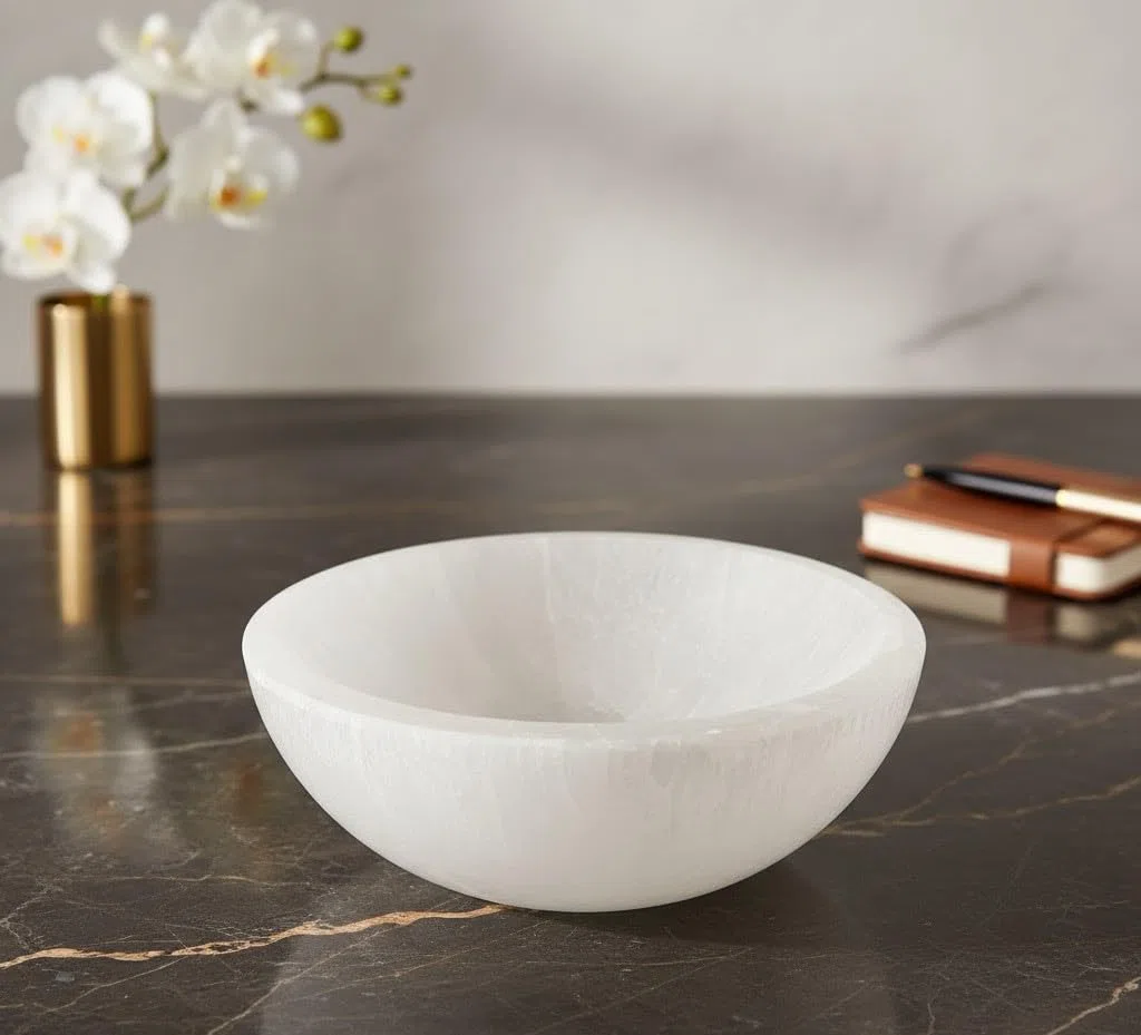 Genérico Cuenco de cristal de selenita natural, redondo, cuenco decorativo de cuarzo tallado a mano para la decoración del hogar. (10 Cm)