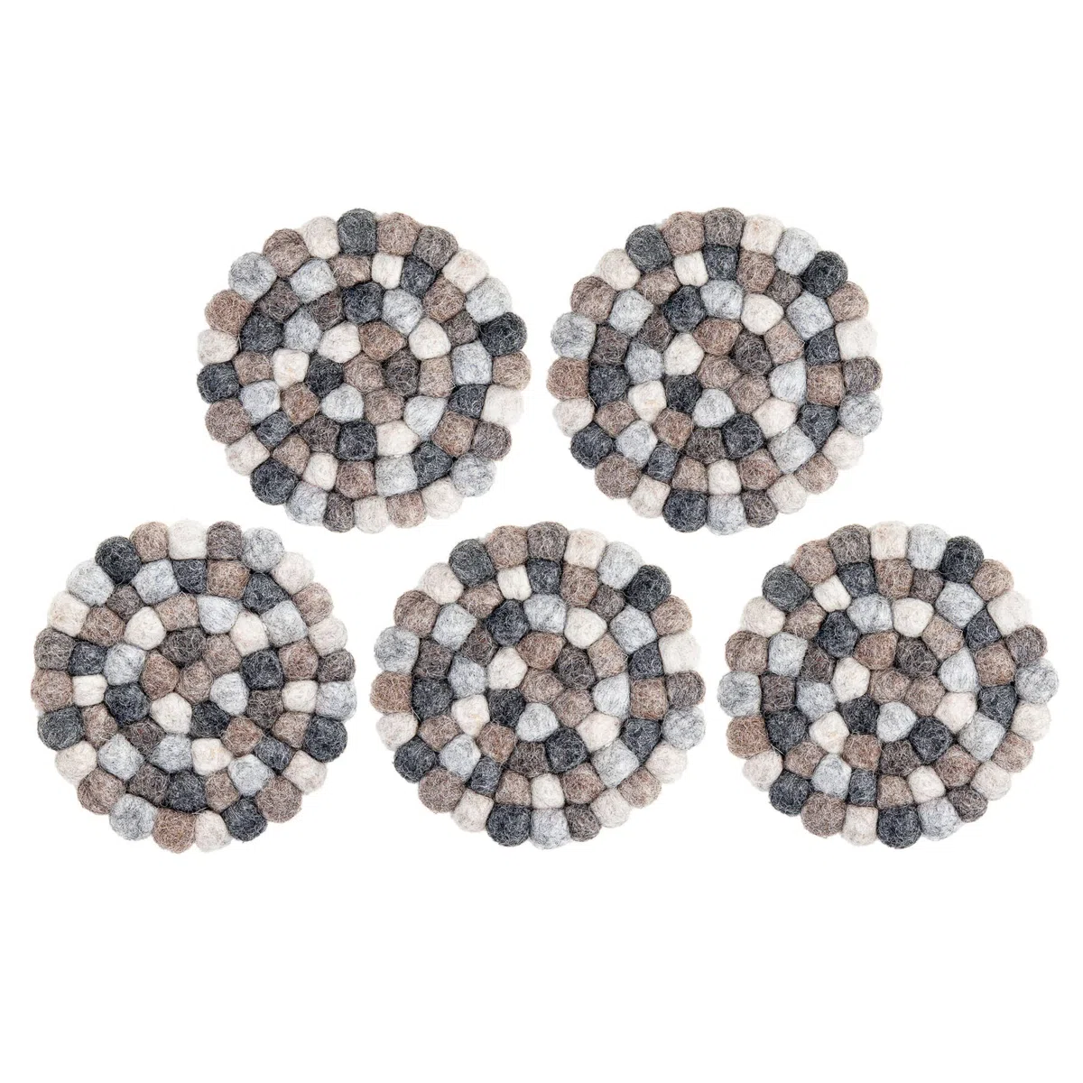 Redondo Posavasos de Bolas de Fieltro - Posavasos de Mesa 100% Lana Merina - Salvamanteles Absorbente para Bebidas - Grueso y Duradero Fieltro a Mano en Nepal por Woolygon - Multicolor - Juego de 5