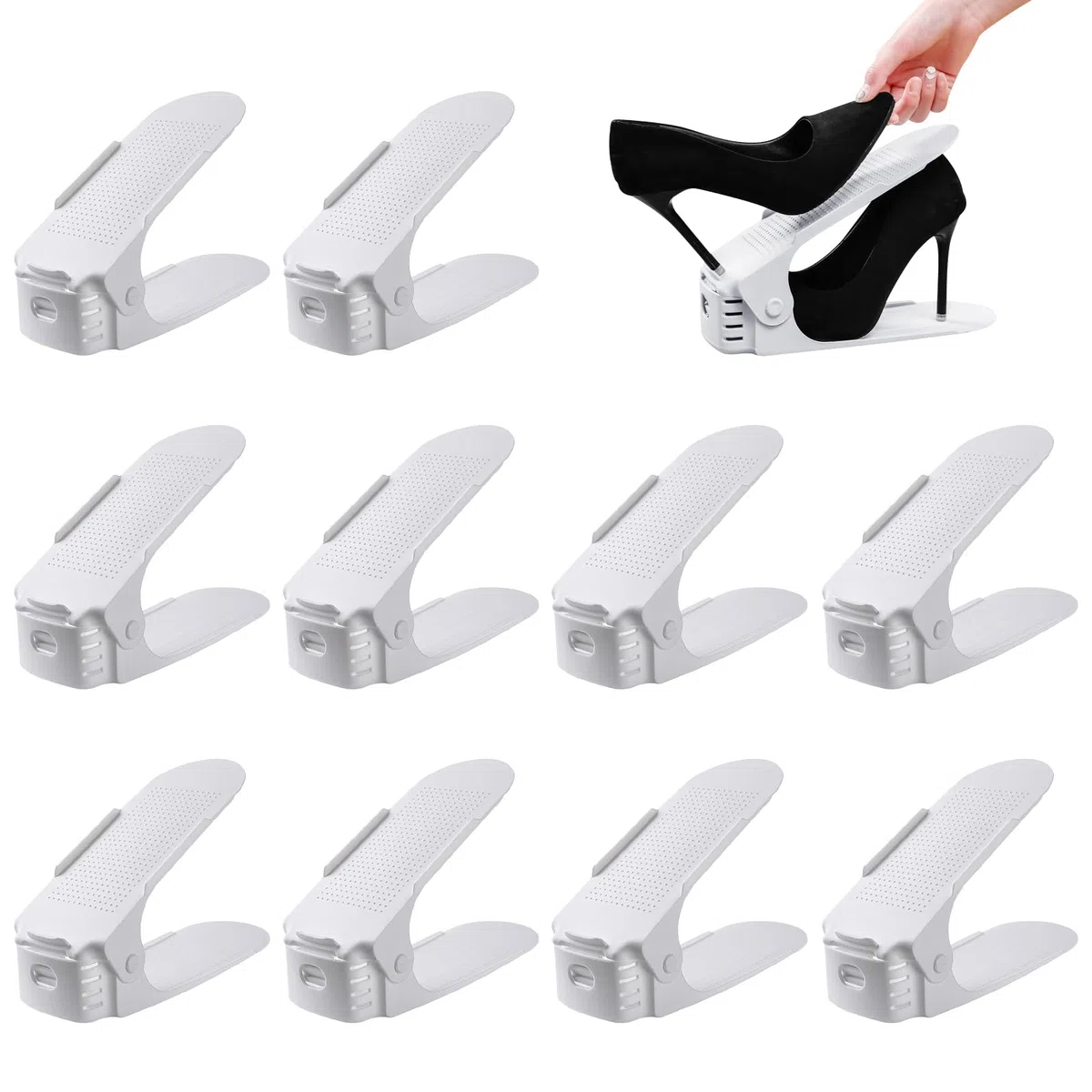Juego de 10 zapateros ajustables, zapatero antideslizante, apilable para zapatos, 3 estantes ajustables en altura de doble nivel, organizador de zapatos que ahorra espacio (blanco-1)
