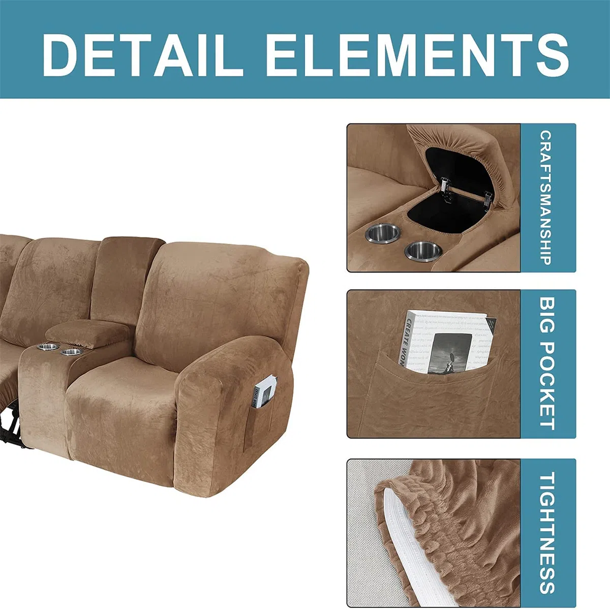 Funda reclinable elástica de Terciopelo con Consola - Tela Lavable Suave y Gruesa - Color Arena de 2 a 3 plazas - ¡Proteja su sofá reclinable con Esta Funda reclinable Premium contra el Desgaste Dia