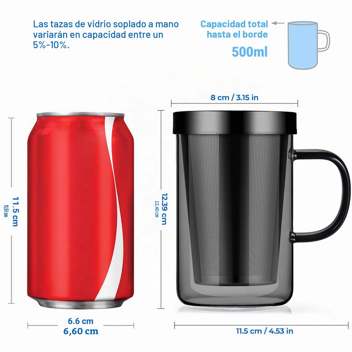 ecooe 500 ml Taza de té de cristal negro con colador y tapa, vaso de té con asa, taza de té de borosilicato con filtro de té