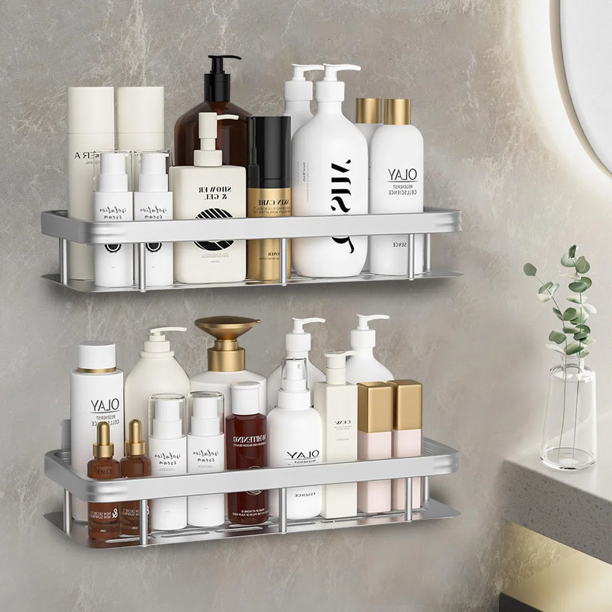 Estanteria Baño, 2 Piezas Estanteria Ducha sin Taladro, Organizador Baño en Aluminio Estante Ducha Resistente Estanteria Baño Sin Taladro para Champú y Gel de Baños, 30,5×13×5,5cm (A Plata
