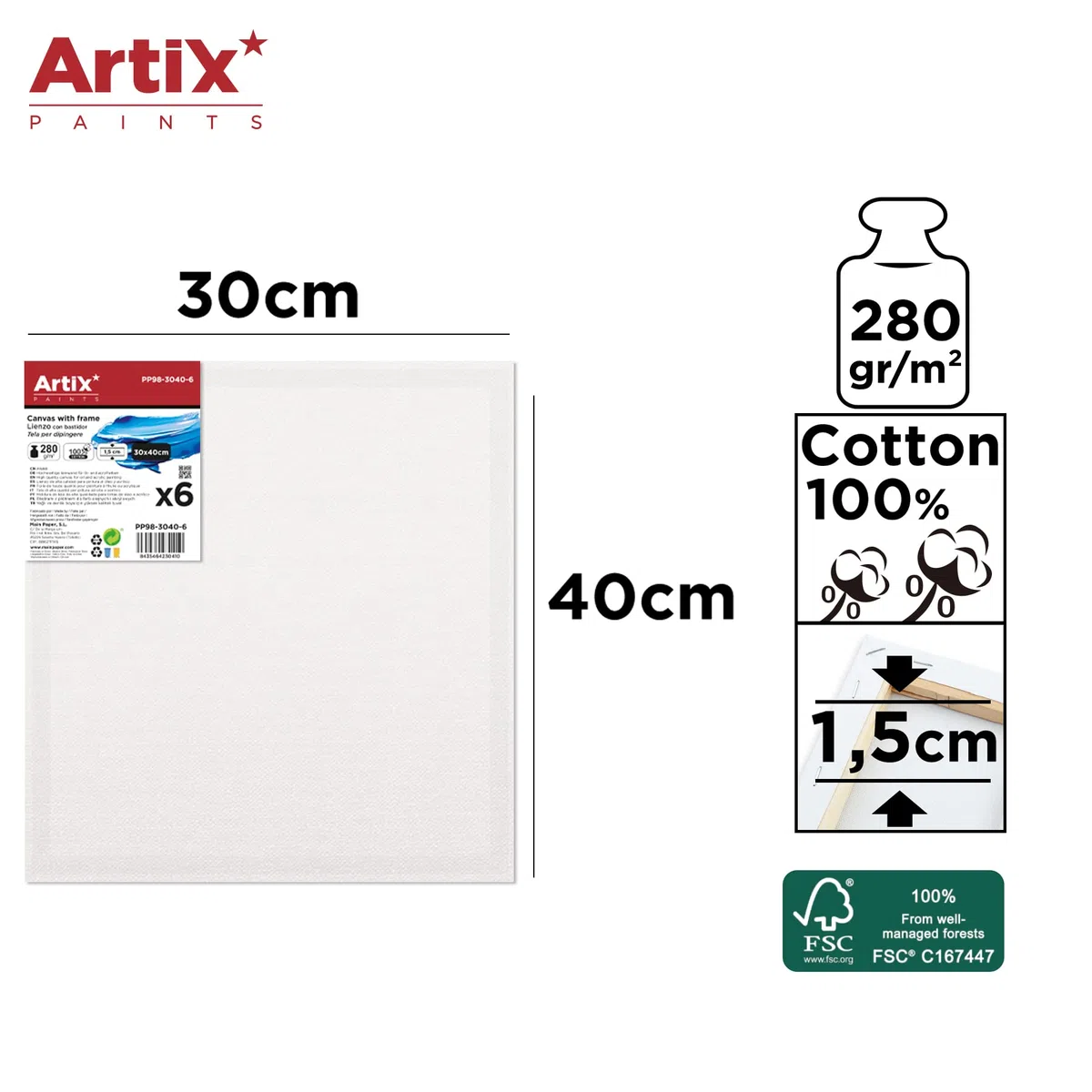 ARTIX - Set de 6 Lienzos para Pintar 30x40x1.5 cm, Paneles Imprimados, 100% Algodón, Lienzos Preestirados para Pintura Acrílica, Con Bastidor de madera, para Artistas Profesionales o Principiantes