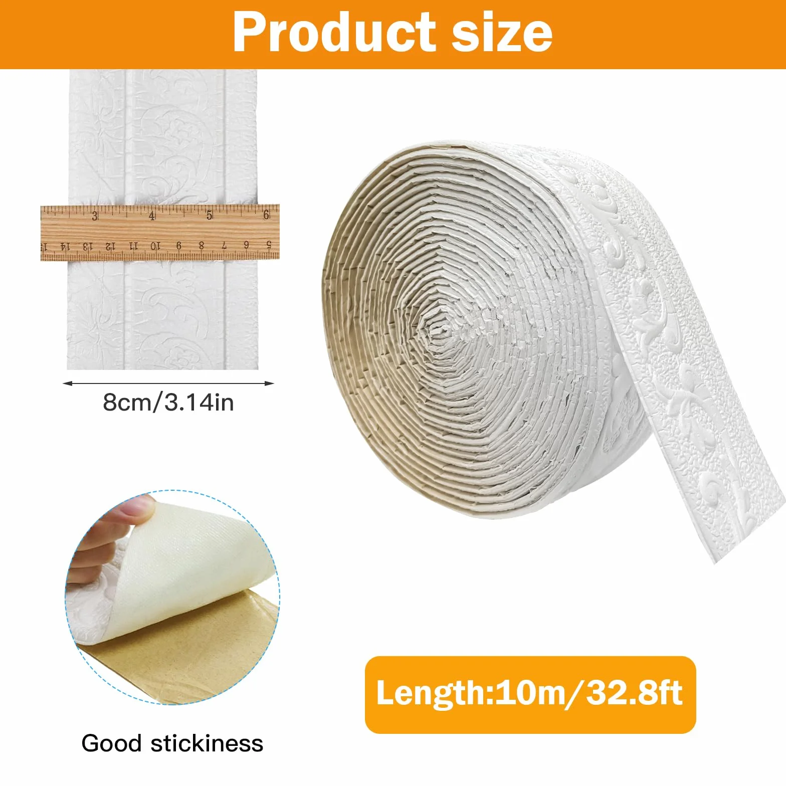 Cenefa Adhesiva para Pared 10mx8cmx5mm,Cenefas Adhesivas para Paredes Suave e Impermeable, Molduras Decorativas Adecuado para Pasillos, Murales, Techos, Esquinas, Líneas, Paredes(Blanco)
