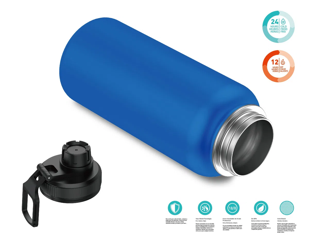 Mi Ko Mi Ka Botella de Agua de Acero Inoxidable - Botella Térmica Reutilizable Deportiva | Sin BPA | Mantiene Frio y Calor | Termo y Hermética - A Prueba de Fugas (1 Litro V2, Azul Cielo)