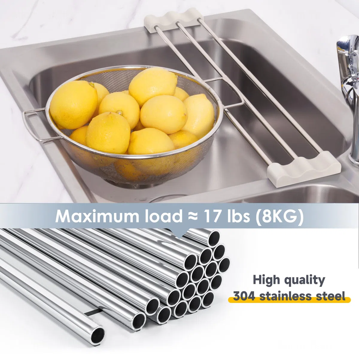 Tomorotec Estante de Cocina Ajustable sobre el Fregadero para paños de Cocina, esponjas, Botellas y cepillos, Acero Inoxidable Resistente al Calor con diseño Delgado, Extensible y Soporte de Silicona