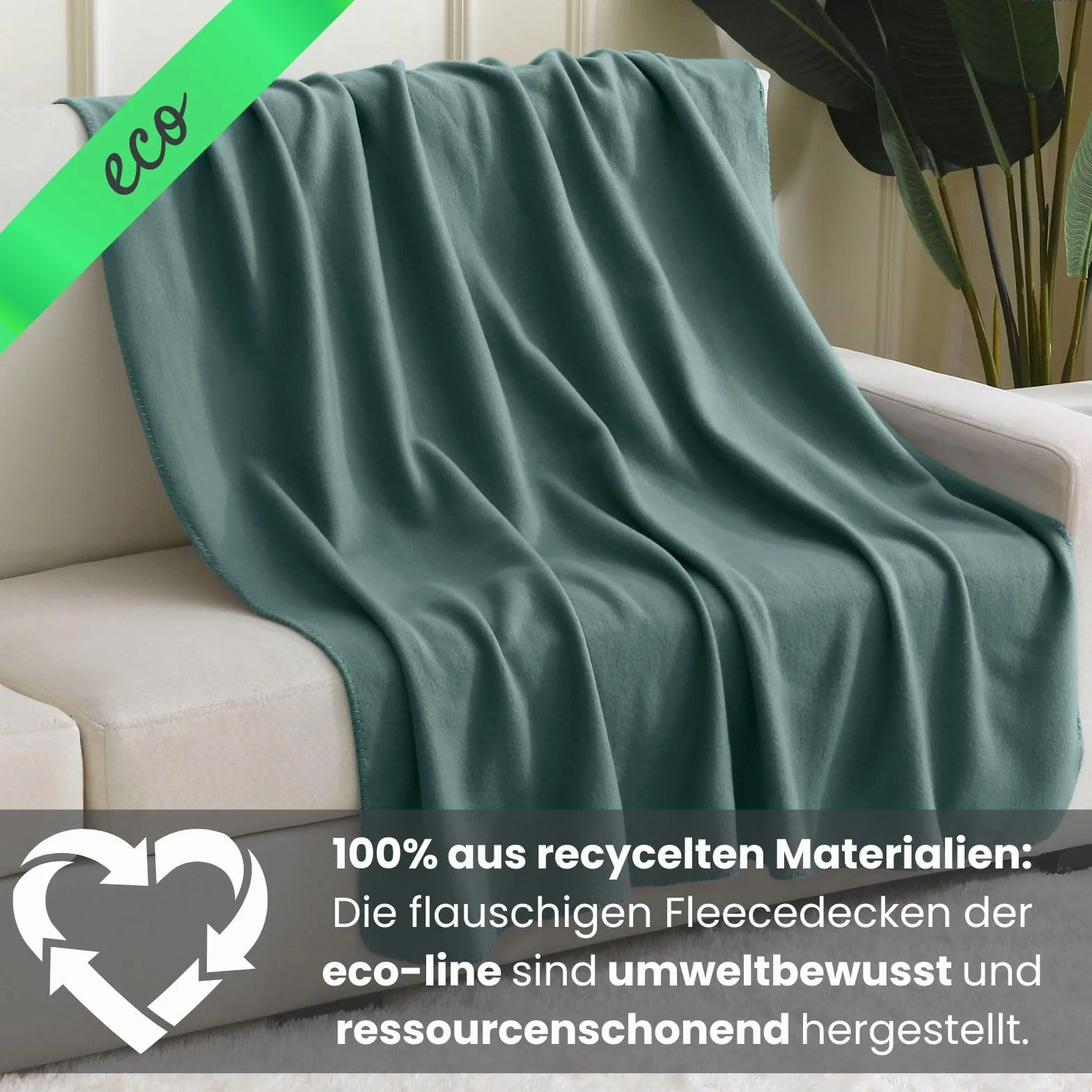wometo Juego de 2 mantas de forro polar ecológico de material 100% reciclado + certificado Öko-Tex, 130 x 160 cm, aprox. 400 g, color verde oscuro con antibolitas y borde ribeteado