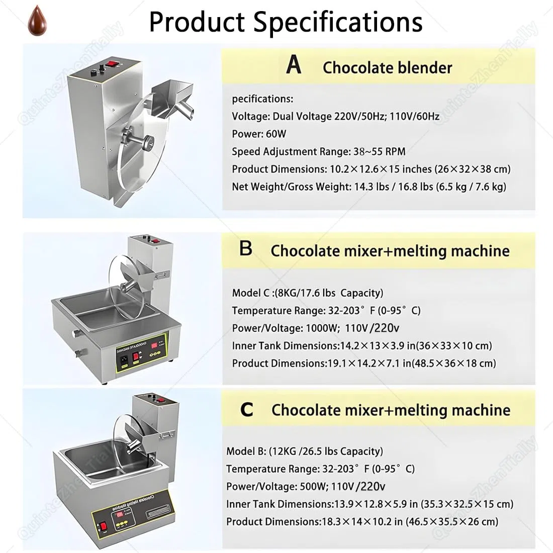 Máquina de templado de chocolate comercial, derretidor eléctrico con velocidad ajustable 38-55 RPM, acero inoxidable, para revestimiento uniforme, moldeado, panaderías, dulces