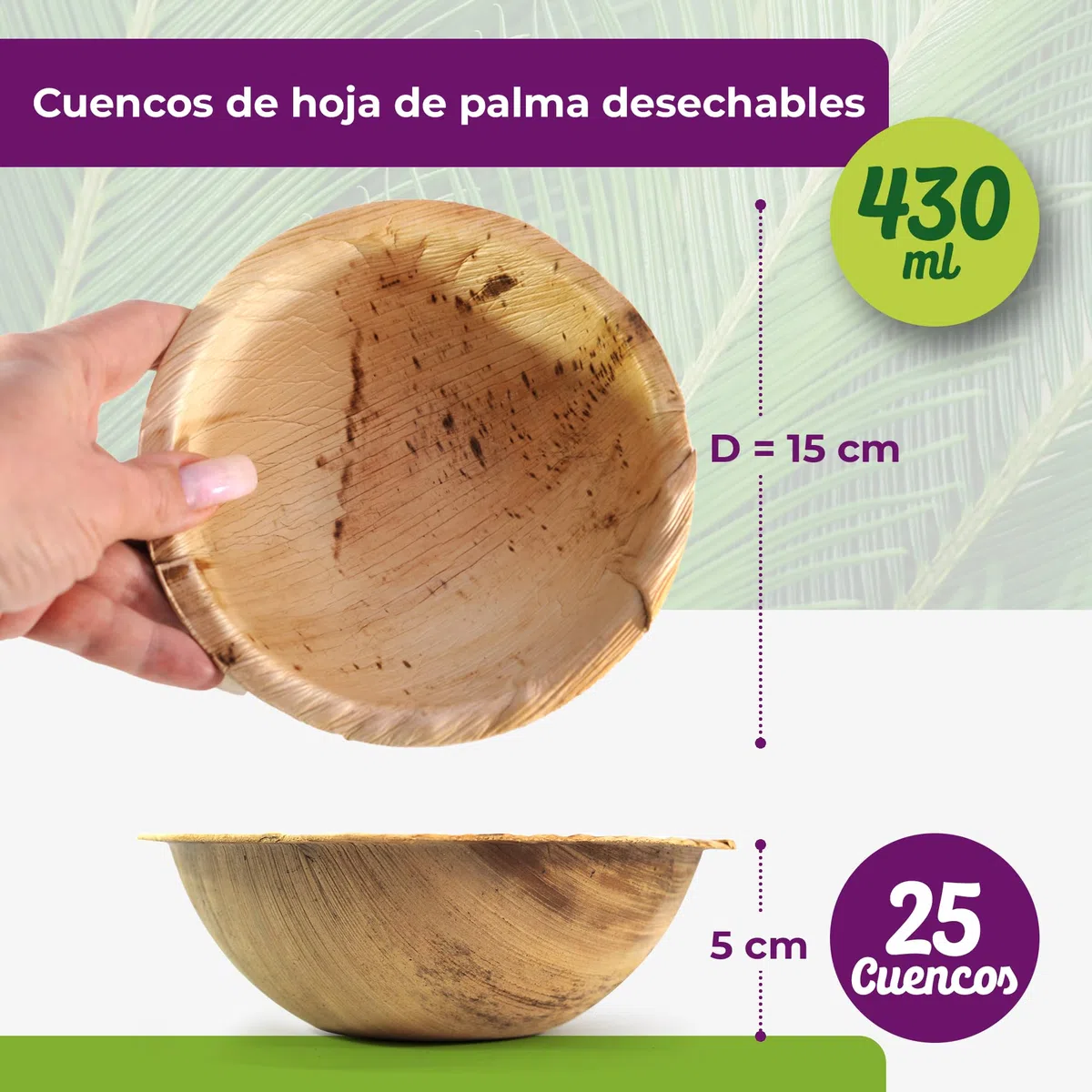 GoBeTree 25 cuencos redondos de hoja de palma, ecológicos, rústicos y elegantes para barbacoas, picnics y fiestas de cumpleaños. Similar a los cuencos de bambú